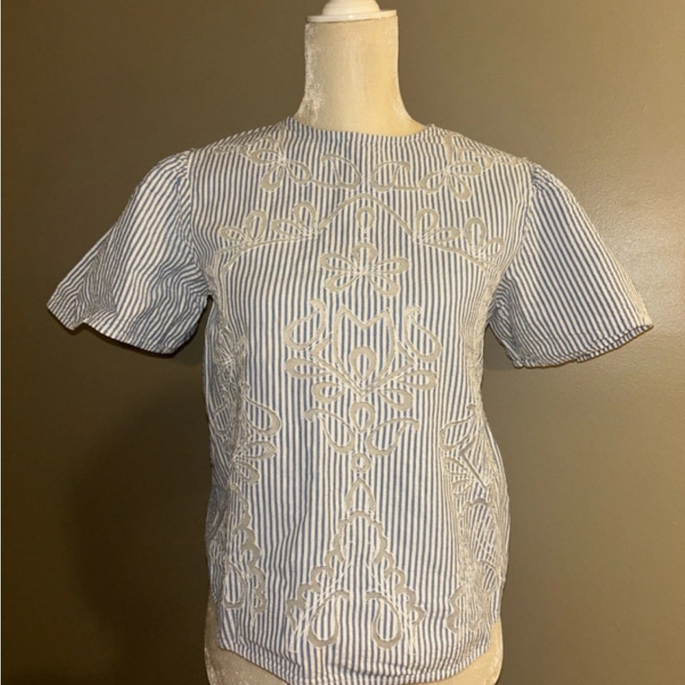 Zara Basic Blue and White Striped Embroidered Tee